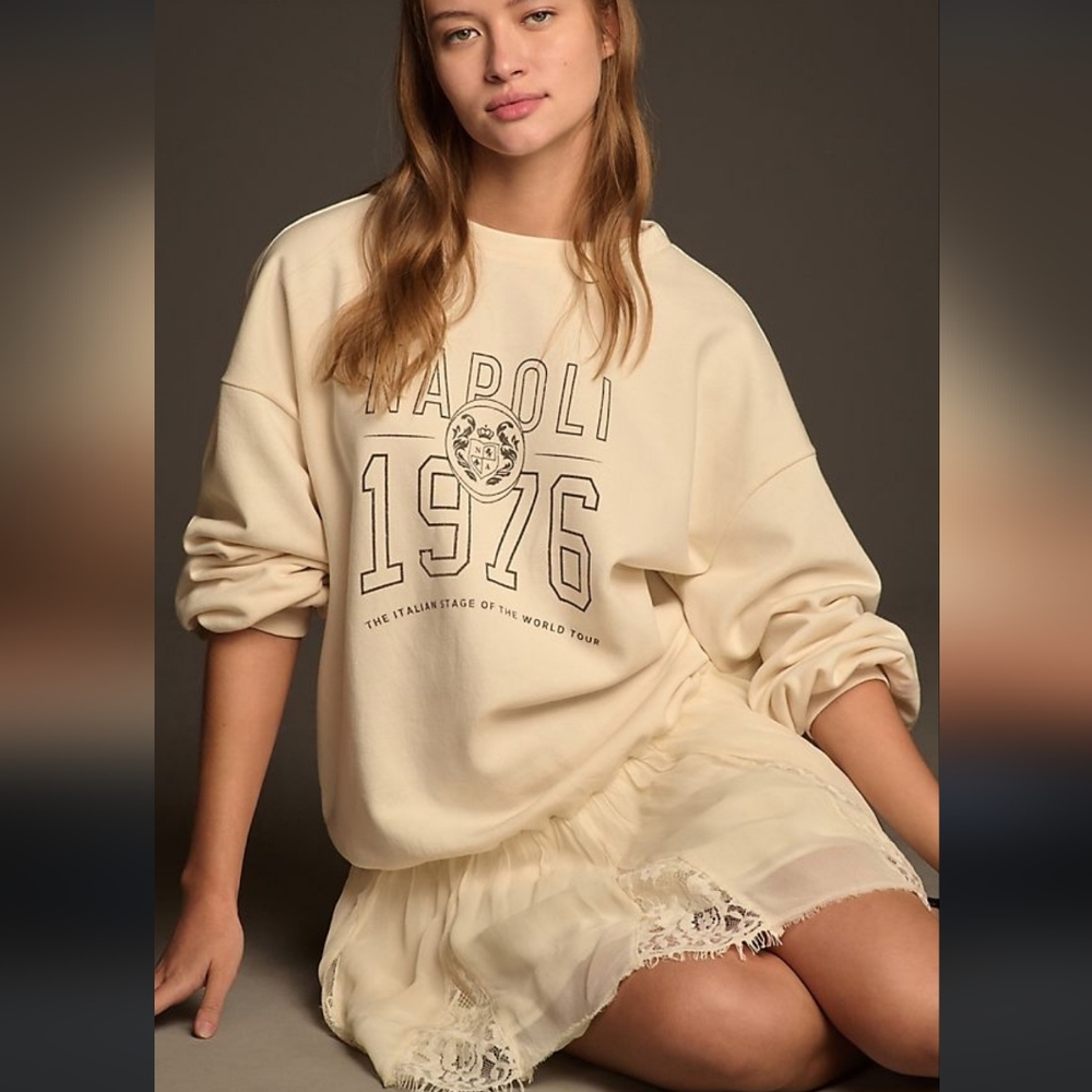 Pilcro Twofer Cream College Lace Crew Neck Pullover Sweatshirt Dress Size MP